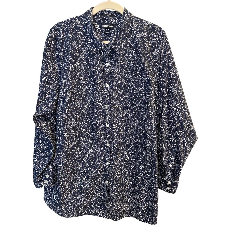 Lands End Blue White Floral Branch Print Button Down Blouse Top 26W Plus Size